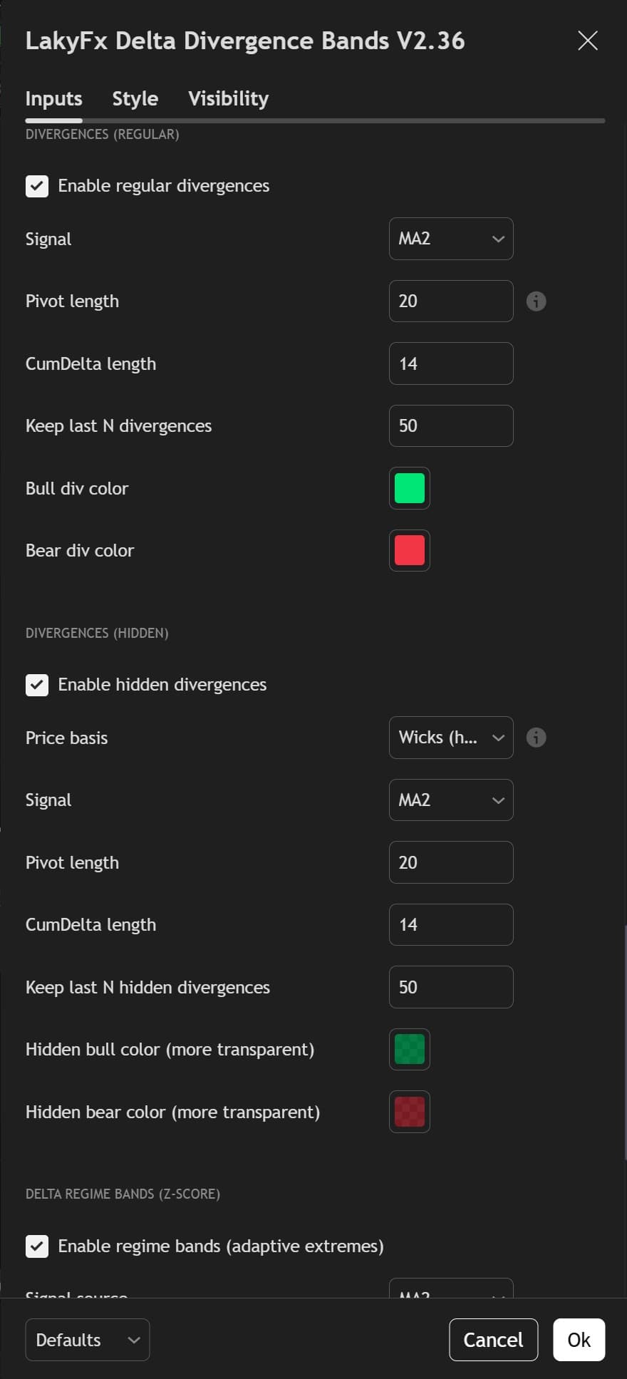 LakyFx Delta Divergence Bands - Settings panel showing Divergences (Regular and Hidden) and Delta Regime Bands (Z-Score) configuration