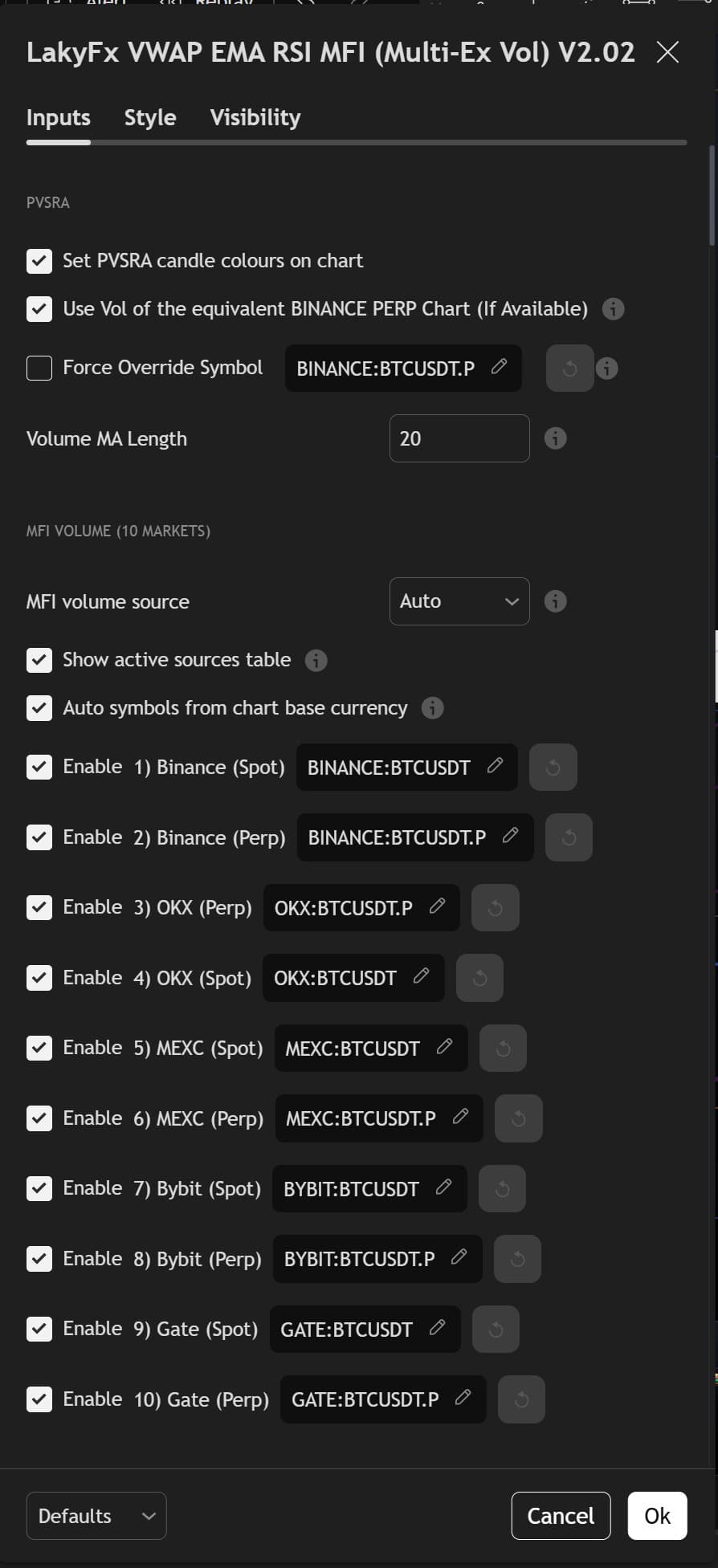 LakyFx Settings - PVSRA candle coloring and MFI Volume (10 markets) configuration with all 10 exchanges enabled