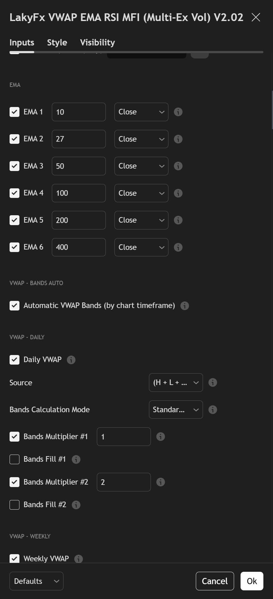 LakyFx Settings - 6 EMA system configuration and VWAP Daily/Weekly/Monthly/Quarterly settings with automatic bands
