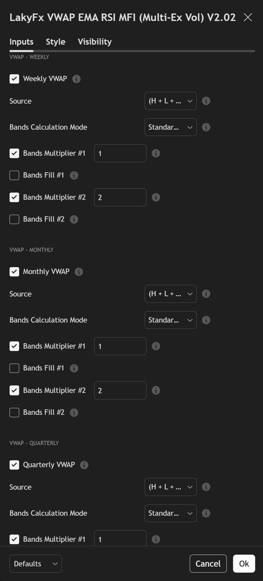 LakyFx Settings - VWAP Weekly, Monthly, and Quarterly detailed configuration with band multipliers and calculation modes