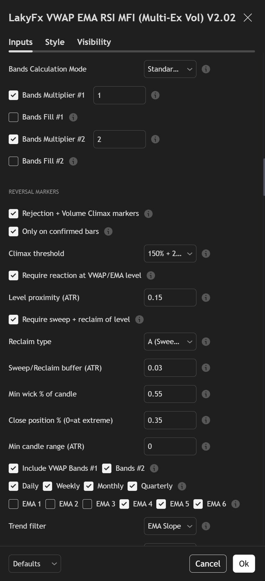 LakyFx Settings - Reversal Markers configuration: Rejection + Volume Climax with level filtering, sweep + reclaim requirements, and VWAP/EMA level selection