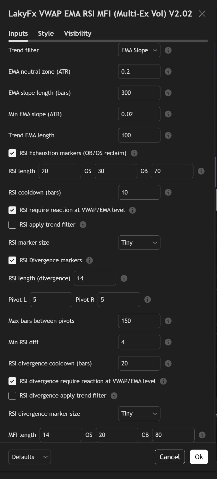 LakyFx Settings - Trend Filter, RSI Exhaustion, RSI Divergence, and MFI settings with detailed parameters