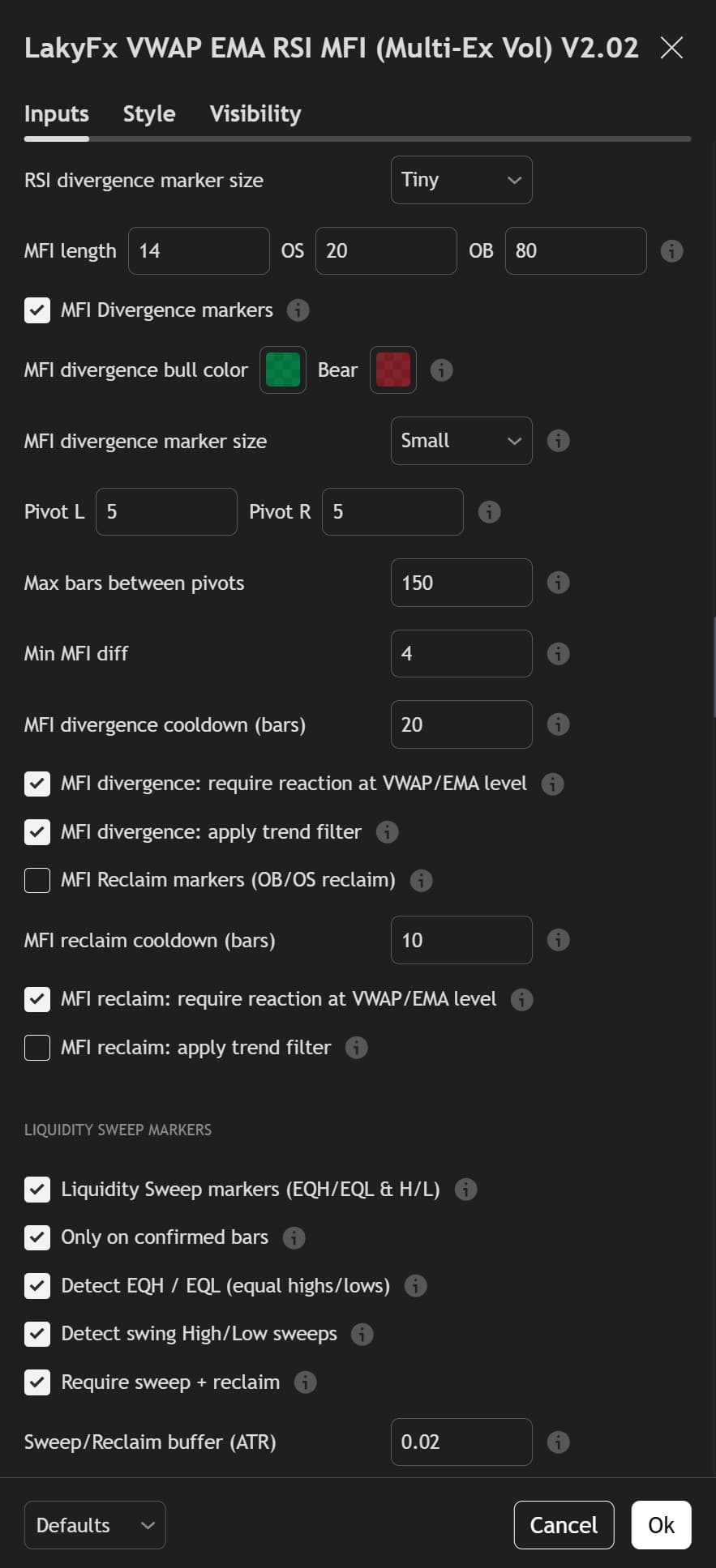 LakyFx Settings - MFI Divergence markers and Liquidity Sweep detection settings with EQH/EQL and swing high/low options